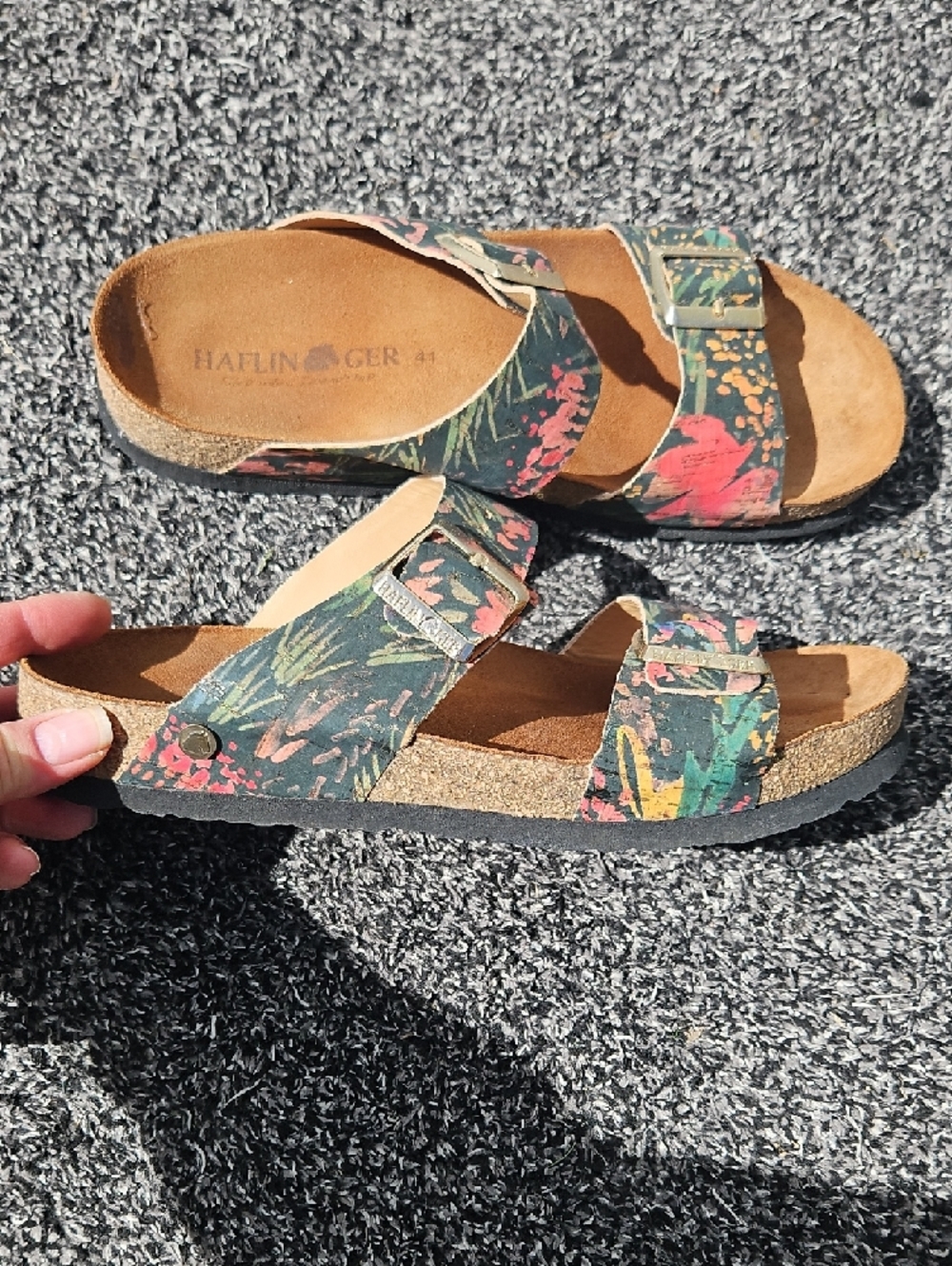 Haflinger Floral Double-Buckle Slide Sandal - Green/Pink/Gold Buckles - Picture 5 of 7